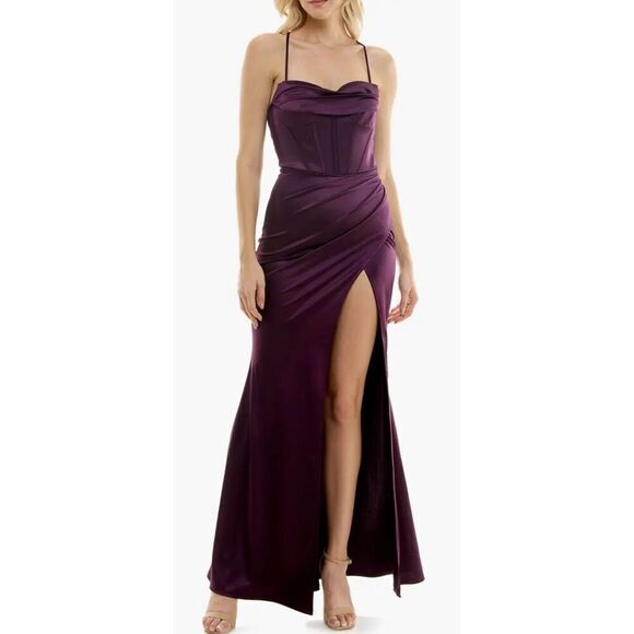 Speechless Pleated Side Slit Satin Gown Size Large Purple Lace‎ Up Maxi - Picture 1 of 12